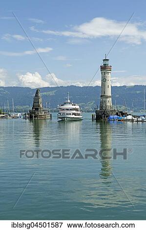 Stock Photo - Excursion ship in harbor entrance, harbor, Lindau, Lake Constance, Bavaria, Deutchland. Fotosearch