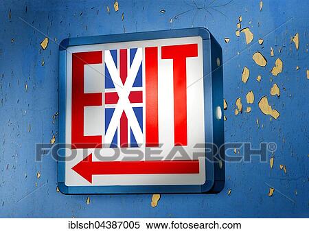 Stock Photography - EXIT, illuminated sign with British flag, symbol of brexit. Fotosearch
