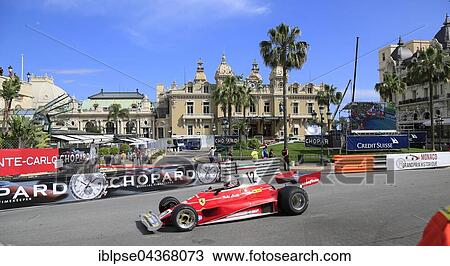 Stock Image - Ferrari 312T in front of the Casino Monte Carlo, Monaco 10th Grand Prix Historique 2016 Monte-Carlo, Monaco, Europe. Fotosearch