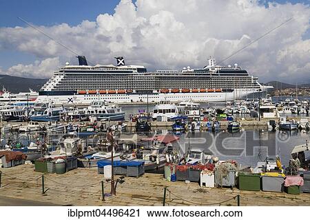 Fishing boats and Celebrity X Silhoutte cruise ship moored in port, Ajaccio, Corsica Island, France, Europe View Large Photo Image Stock Image - Fishing boats and Celebrity X Silhoutte cruise ship moored in port, Ajaccio, Corsica Island, France, Europe. Fotosearch