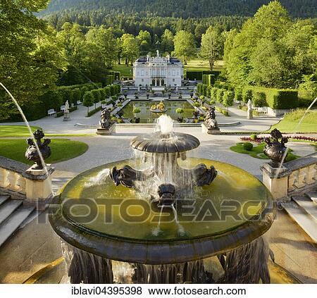 Fountain, Linderhof Castle, south facade, Ettal, Unterammergau, Bavaria, Germany, Europe View Large Photo Image Stock Photo - Fountain, Linderhof Castle, south facade, Ettal, Unterammergau, Bavaria, Germany, Europe. Fotosearch
