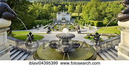 Stock Photo - Fountain, Linderhof Castle, south facade, Ettal, Unterammergau, Bavaria, Germany, Europe. Fotosearch