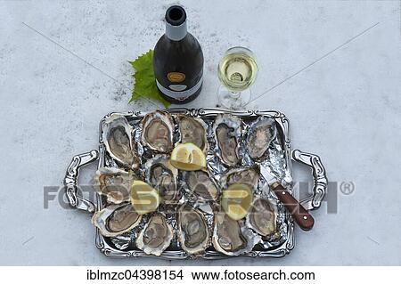 Fresh oysters (Ostreidae) with lemon and an oyster knife on a tray, white wine, Vandée, Atlantic coast, France, Europe View Large Photo Image Picture - Fresh oysters (Ostreidae) with lemon and an oyster knife on a tray, white wine, Vandée, Atlantic coast, France, Europe. Fotosearch