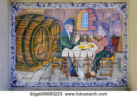 Funny painted tiles representing two men drinking wine, Alte, Loule, Algarve, Portugal, Europe View Large Photo Image Stock Image - Funny painted tiles representing two men drinking wine, Alte, Loule, Algarve, Portugal, Europe. Fotosearch