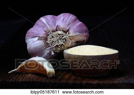 Stock Image - Garlic clove and garlic powder in shell, garlic bulb, Allium sativum. Fotosearch