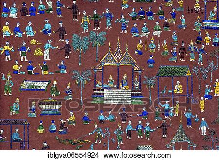 Glass mosaic with scenes from the parable of Siaosawat, with scenes from everyday rural life, outer wall of the Red Chapel, Wat Xieng Thong Temple, Luang Prabang, Laos, Asia View Large Photo Image Picture - Glass mosaic with scenes from the parable of Siaosawat, with scenes from everyday rural life, outer wall of the Red Chapel, Wat Xieng Thong Temple, Luang Prabang, Laos, Asia. Fotosearch