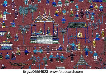 Stock Image - Glass mosaic with scenes from the parable of Siaosawat, with scenes from everyday rural life, outer wall of the Red Chapel, Wat Xieng Thong Temple, Luang Prabang, Laos, Asia. Fotosearch