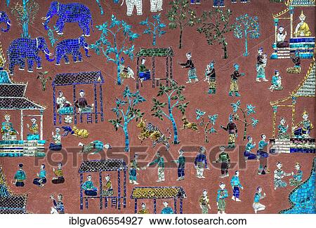 Glass mosaic with scenes from the parable of Siaosawat, with scenes from everyday rural life, outer wall of the Red Chapel, Wat Xieng Thong Temple, Luang Prabang, Laos, Asia View Large Photo Image Stock Photo - Glass mosaic with scenes from the parable of Siaosawat, with scenes from everyday rural life, outer wall of the Red Chapel, Wat Xieng Thong Temple, Luang Prabang, Laos, Asia. Fotosearch