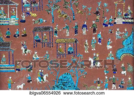 Glass mosaic with scenes from the parable of Siaosawat, with scenes from everyday rural life, outer wall of the Red Chapel, Wat Xieng Thong Temple, Luang Prabang, Laos, Asia View Large Photo Image Stock Photograph - Glass mosaic with scenes from the parable of Siaosawat, with scenes from everyday rural life, outer wall of the Red Chapel, Wat Xieng Thong Temple, Luang Prabang, Laos, Asia. Fotosearch