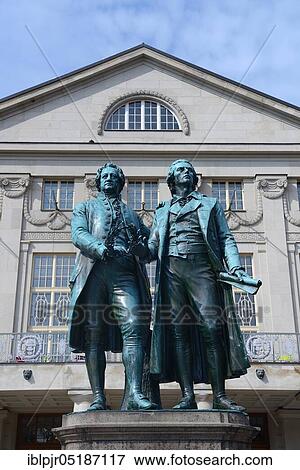 Stock Photo - Goethe-Schiller-monument in front of the German national theater, Weimar, Thuringia, Germany, Europe. Fotosearch