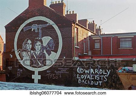 Picture - Graffiti on a house facade, Falls Road district, historical photograph, 24. 01. 1986, Belfast, Northern Ireland. Fotosearch