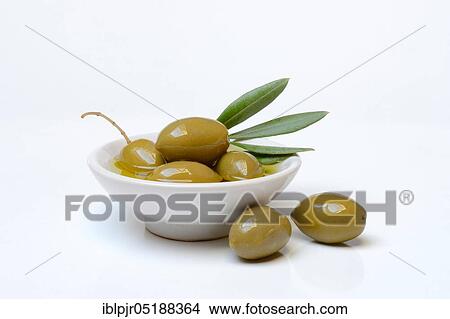 Picture - Green olives in shell, Mediterranean, Mediterranean diet, Olea spec., Chalkidiki olives, Greece, Europe. Fotosearch