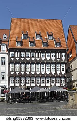 Stock Image - Half-timbered house and restaurant, market place, Hildesheim, Lower Saxony, Germany, Europe. Fotosearch