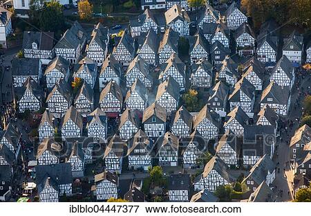 Stock Photo - Half-timbered houses, Alter Flecken, historical center, aerial view, Freudenberg, North Rhine-Westphalia, Germany, Europe. Fotosearch
