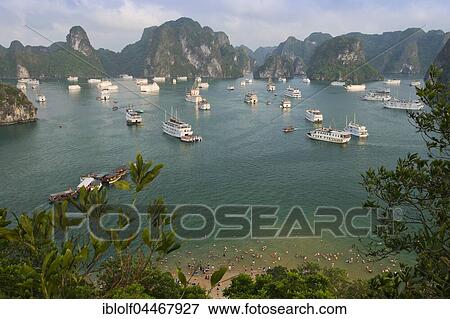 Halong Bay with boats, limestone cliffs, the Gulf of Tonkin, Halong, North Vietnam, Vietnam, Asia View Large Photo Image Stock Photo - Halong Bay with boats, limestone cliffs, the Gulf of Tonkin, Halong, North Vietnam, Vietnam, Asia. Fotosearch