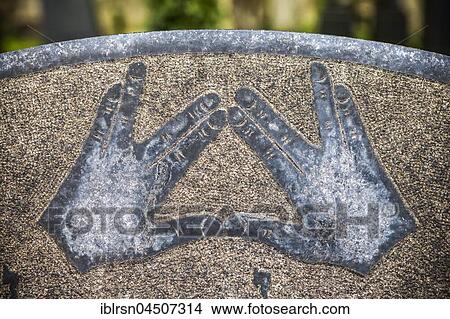 Picture - Hand Sign, Symbolic representation of blessing hands on a grave stone, Jewish Cemetery Schönhauser Allee, Berlin, Germany, Europe. Fotosearch