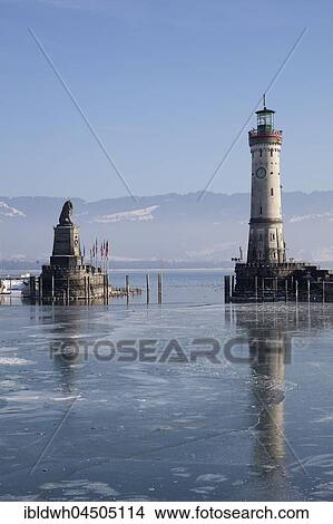 Harbor entrance in winter, Bavarian Lion, New Lighthouse, Lindau, Lake Constance, Bavaria, Germany, Europe View Large Photo Image Picture - Harbor entrance in winter, Bavarian Lion, New Lighthouse, Lindau, Lake Constance, Bavaria, Germany, Europe. Fotosearch