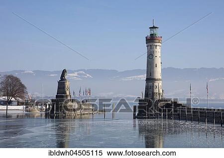 Harbor entrance in winter, Bavarian Lion, New Lighthouse, Lindau, Lake Constance, Bavaria, Germany, Europe View Large Photo Image Stock Photography - Harbor entrance in winter, Bavarian Lion, New Lighthouse, Lindau, Lake Constance, Bavaria, Germany, Europe. Fotosearch