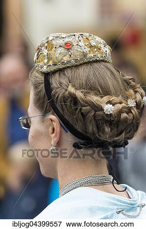Stock Photo - Headwear, hood, gold and silver embroidered, female costume, Oktoberfest, Munich, Upper Bavaria, Bavaria, Germany, Europe. Fotosearch