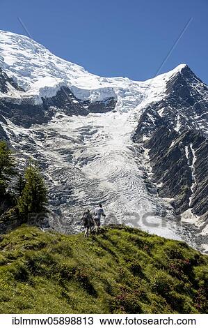 Hiker on the trail La Jonction, glacier Glacier de Taconnaz, summit of Mont Blanc and Aiguille de Bionnassay, right Mont Blanc, Chamonix, Haute-Savoie, France, Europe View Large Photo Image Stock Image - Hiker on the trail La Jonction, glacier Glacier de Taconnaz, summit of Mont Blanc and Aiguille de Bionnassay, right Mont Blanc, Chamonix, Haute-Savoie, France, Europe. Fotosearch
