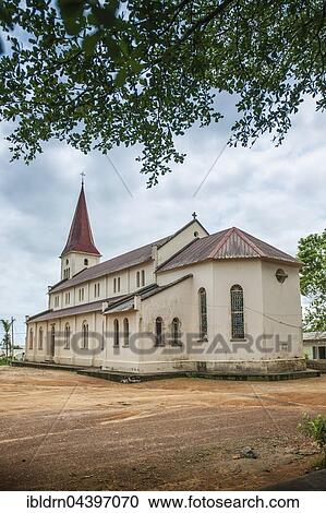 Stock Image - Historic Church of the Catholic Pallottines mission from the German colonial era, Kribi, South Region, Cameroon, Africa. Fotosearch