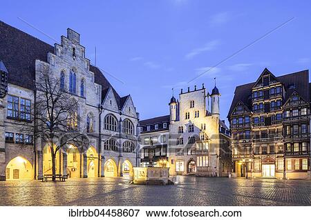 Stock Photo - Historic town hall, Tempelhaus or Tempelherrenhaus and Wedekindhaus, evening mood, market place, Hildesheim, Lower Saxony, Germany, Europe. Fotosearch