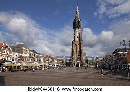 Stock Photograph - Historical buildings and Nieuwe Kerk church at the market place, market, Delft, Holland, The Netherlands, Europe. Fotosearch