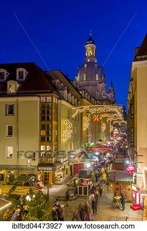 Stock Photo - Historical Renaissance-style Christmas market, Münzgasse with the Church of our Lady, Dresden, Saxony, Germany, Europe. Fotosearch