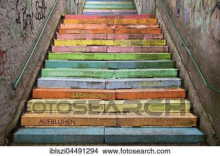 Holsteiner stairs, artistically designed staircase, Wuppertal, Bergisches Land, North Rhine-Westphalia, Germany, Europe View Large Photo Image Picture - Holsteiner stairs, artistically designed staircase, Wuppertal, Bergisches Land, North Rhine-Westphalia, Germany, Europe. Fotosearch
