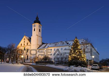 Illuminated Christmas tree in front of monastery church Dietramszell, twilight, Upper Bavaria, Bavaria, Germany, Europe View Large Photo Image Stock Image - Illuminated Christmas tree in front of monastery church Dietramszell, twilight, Upper Bavaria, Bavaria, Germany, Europe. Fotosearch
