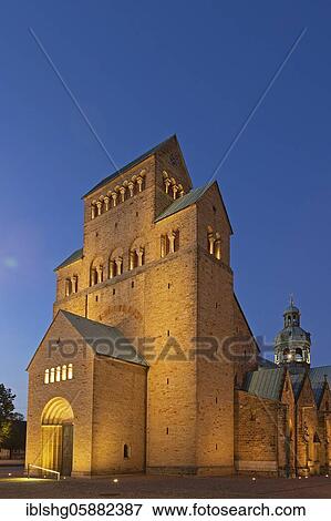 Illuminated high dome at dusk, Hildesheim, Lower Saxony, Germany, Europe View Large Photo Image Stock Photo - Illuminated high dome at dusk, Hildesheim, Lower Saxony, Germany, Europe. Fotosearch
