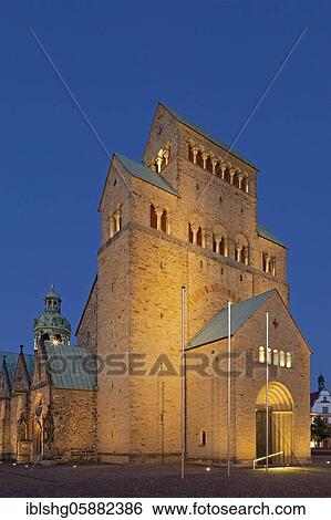Stock Photograph - Illuminated high dome at dusk, Hildesheim, Lower Saxony, Germany, Europe. Fotosearch