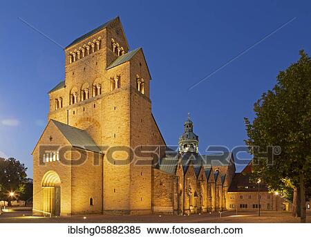 Illuminated high dome at dusk, Hildesheim, Lower Saxony, Germany, Europe View Large Photo Image Stock Photography - Illuminated high dome at dusk, Hildesheim, Lower Saxony, Germany, Europe. Fotosearch
