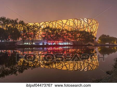 Illuminated National Stadium in the Olympic Park, dusk, Beijing, China, Asia View Large Photo Image Stock Photo - Illuminated National Stadium in the Olympic Park, dusk, Beijing, China, Asia. Fotosearch