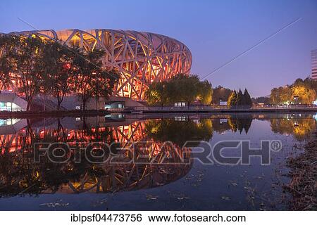 Illuminated National Stadium in the Olympic Park, dusk, Beijing, China, Asia View Large Photo Image Stock Photograph - Illuminated National Stadium in the Olympic Park, dusk, Beijing, China, Asia. Fotosearch