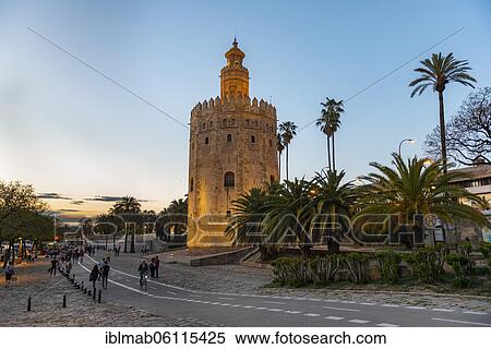 Stock Photography - Illuminated Torre del Oro, blue hour, Sevilla, Andalusia, Spain, Europe. Fotosearch