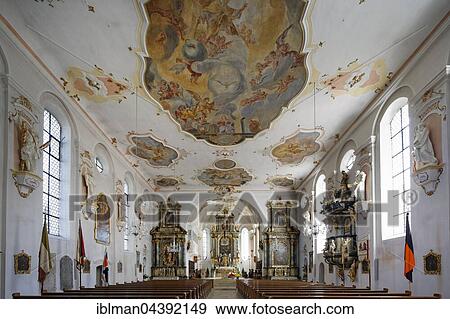 Stock Photo - Interior with ceiling frescoes, Church of St. Peter and Paul, Laupheim, Upper Swabia, Swabia, Baden-Württemberg, Germany, Europe. Fotosearch