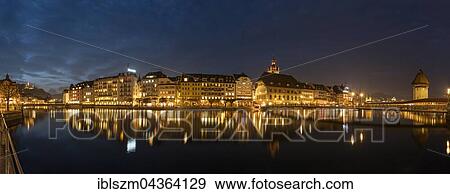 Lake basin with Chapel Bridge, night scene, Lucerne, Canton of Lucerne, Switzerland, Europe View Large Photo Image Stock Photo - Lake basin with Chapel Bridge, night scene, Lucerne, Canton of Lucerne, Switzerland, Europe. Fotosearch