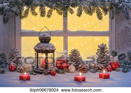 Lantern with Christmas decoration on windowsill View Large Photo Image Picture - Lantern with Christmas decoration on windowsill. Fotosearch