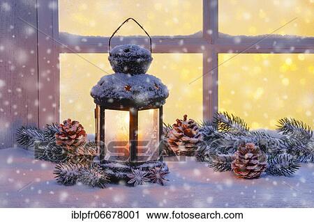 Lantern with Christmas decoration on windowsill View Large Photo Image Stock Image - Lantern with Christmas decoration on windowsill. Fotosearch