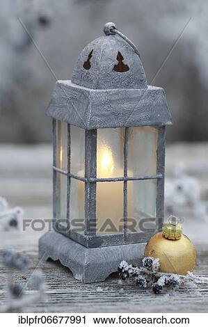Stock Image - Lantern with outdoor Christmas decoration, Switzerland, Europe. Fotosearch