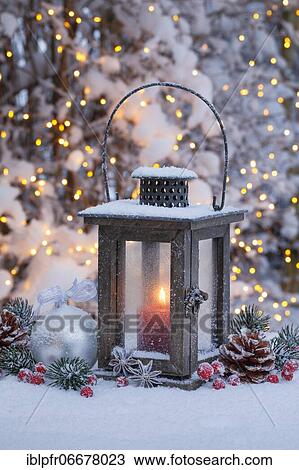 Lantern with outdoor Christmas decoration View Large Photo Image Stock Image - Lantern with outdoor Christmas decoration. Fotosearch