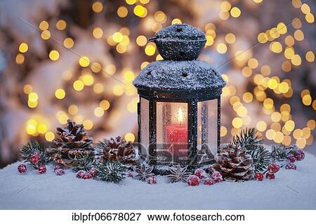 Lantern with outdoor Christmas decoration View Large Photo Image Stock Photo - Lantern with outdoor Christmas decoration. Fotosearch