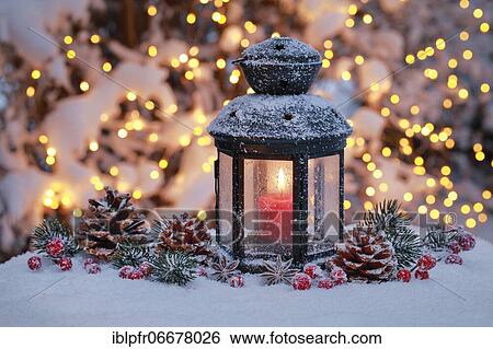 Lantern with outdoor Christmas decoration View Large Photo Image Stock Photograph - Lantern with outdoor Christmas decoration. Fotosearch