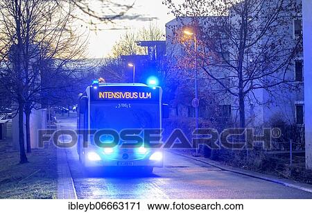 Stock Image - Large-capacity intensive care transport vehicle transfers Covid-19 patients from Heidelberg to other hospitals. Fotosearch