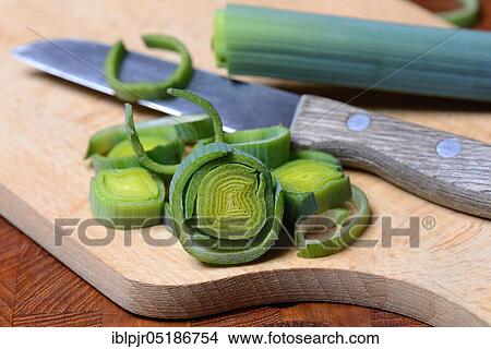 Picture - Leek, sliced, Allium porrum. Fotosearch