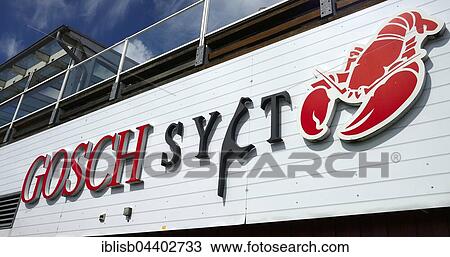 Stock Image - Lettering of the fish restaurant Gosch, port of List, Sylt, North Frisian Islands, North Frisia, Schleswig-Holstein, Germany, Europe. Fotosearch