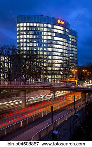 Stock Photo - Light trails on road, Eon, Essen, North Rhine-Westphalia, Germany, Europe. Fotosearch