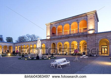 Lighted Arcade building at dusk, with Rossini-hall and arcade passage, Monument Ludwig I., spa garden, architect Friedrich von Gärtner, Bad Kissingen District, Lower Franconia, Bavaria, Germany, Europe View Large Photo Image Stock Photo - Lighted Arcade building at dusk, with Rossini-hall and arcade passage, Monument Ludwig I., spa garden, architect Friedrich von Gärtner, Bad Kissingen District, Lower Franconia, Bavaria, Germany, Europe. Fotosearch