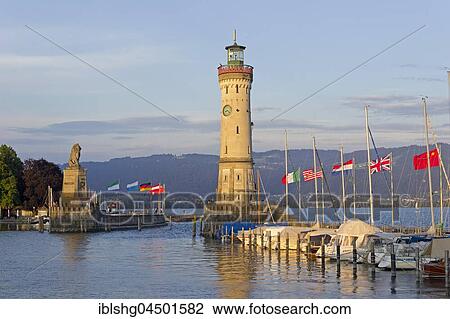 Stock Image - Lighthouse, harbor, Lindau, Lake Constance, Bavaria, Deutchland. Fotosearch